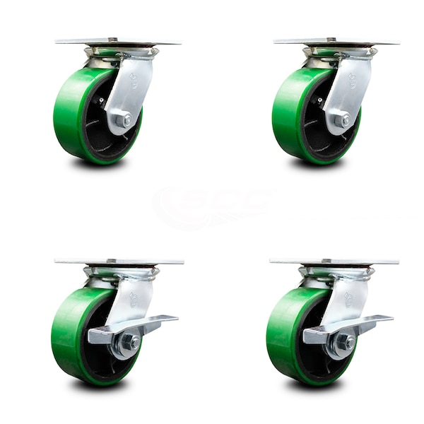 5 Inch Green Poly on Cast Iron Swivel Caster Set with Ball Bearings 2 Brakes SCC